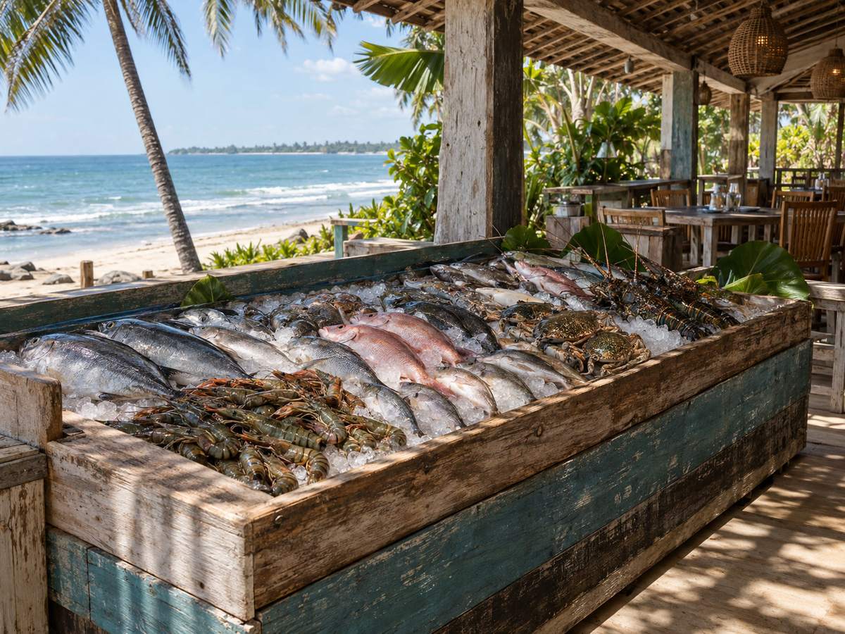 Daily-catch fish on ice in a wooden Bentota counter, late-morning sun-bleached light