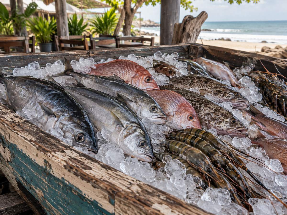 Fish on crushed ice in a wooden catch display, Bentota, late morning