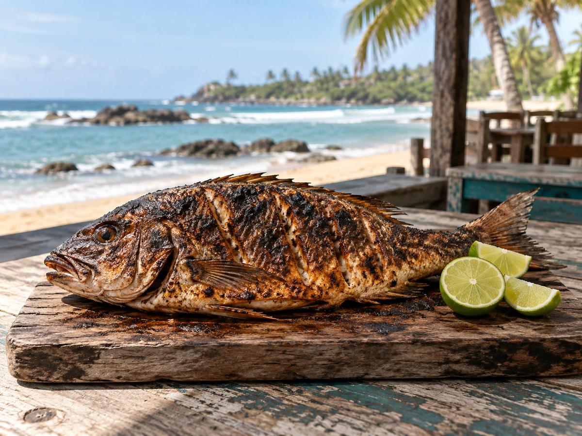 Whole grilled fish on a worn timber board, lime