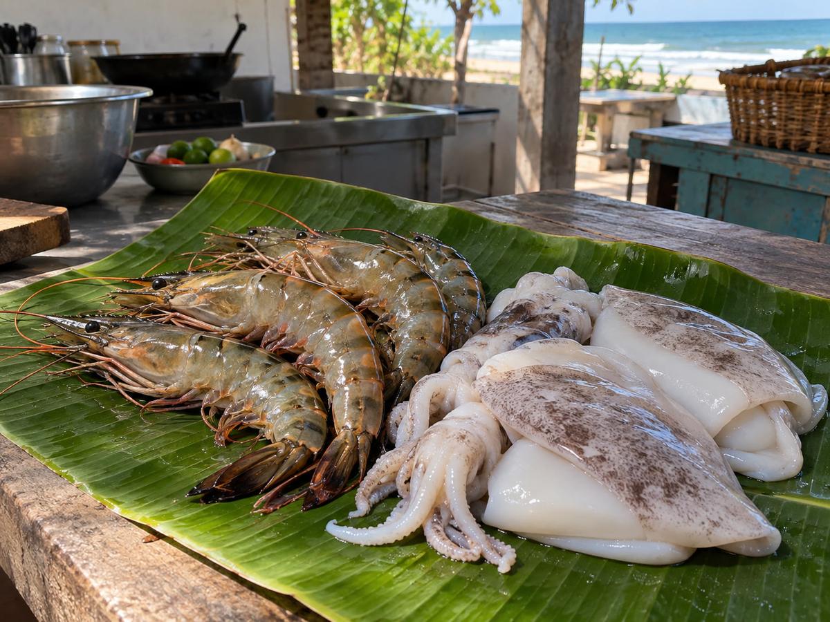 Jumbo prawns and cuttlefish on a banana leaf