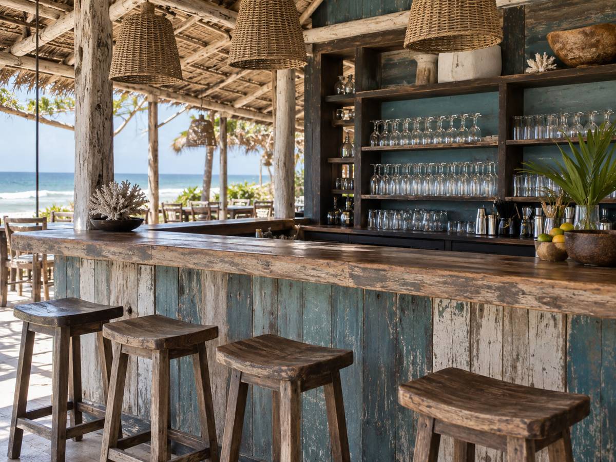 Empty wooden bar with beer glasses, no labels readable