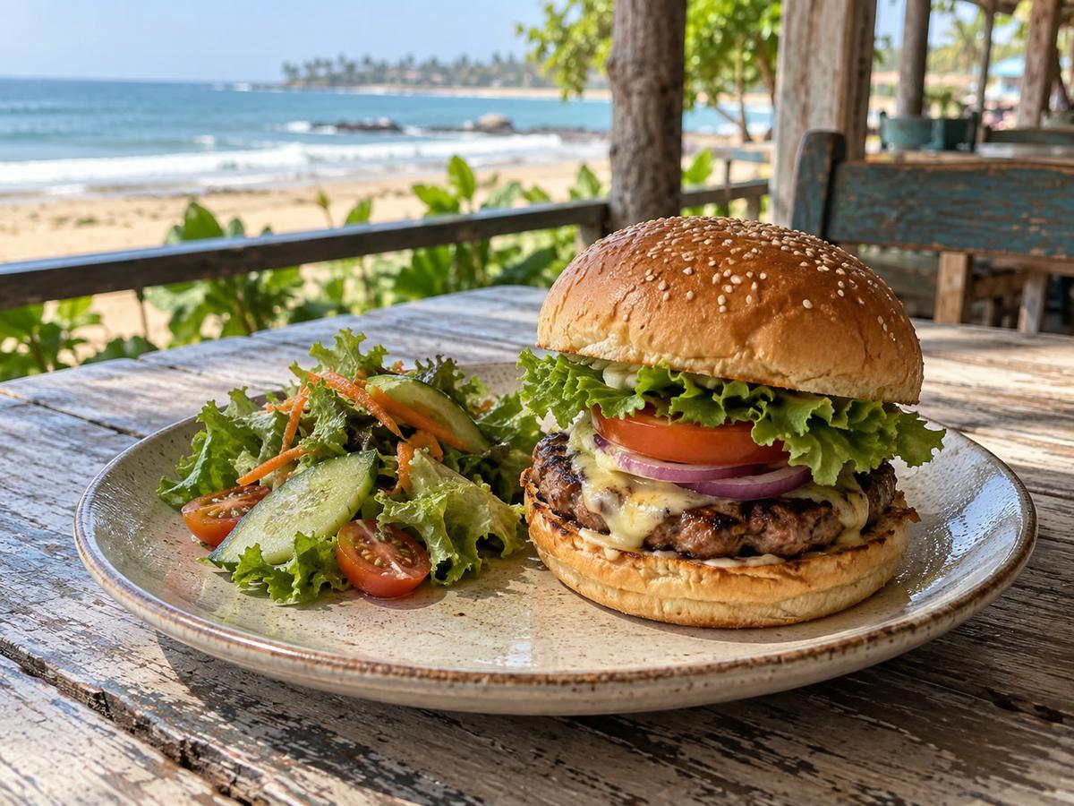 Burger and salad on a driftwood-coloured plate