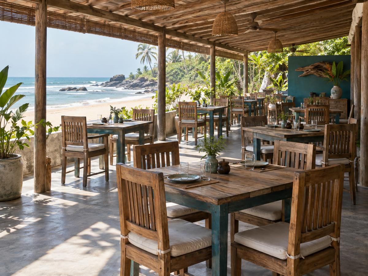 Open dining room, timber chairs, about two dozen empty seats