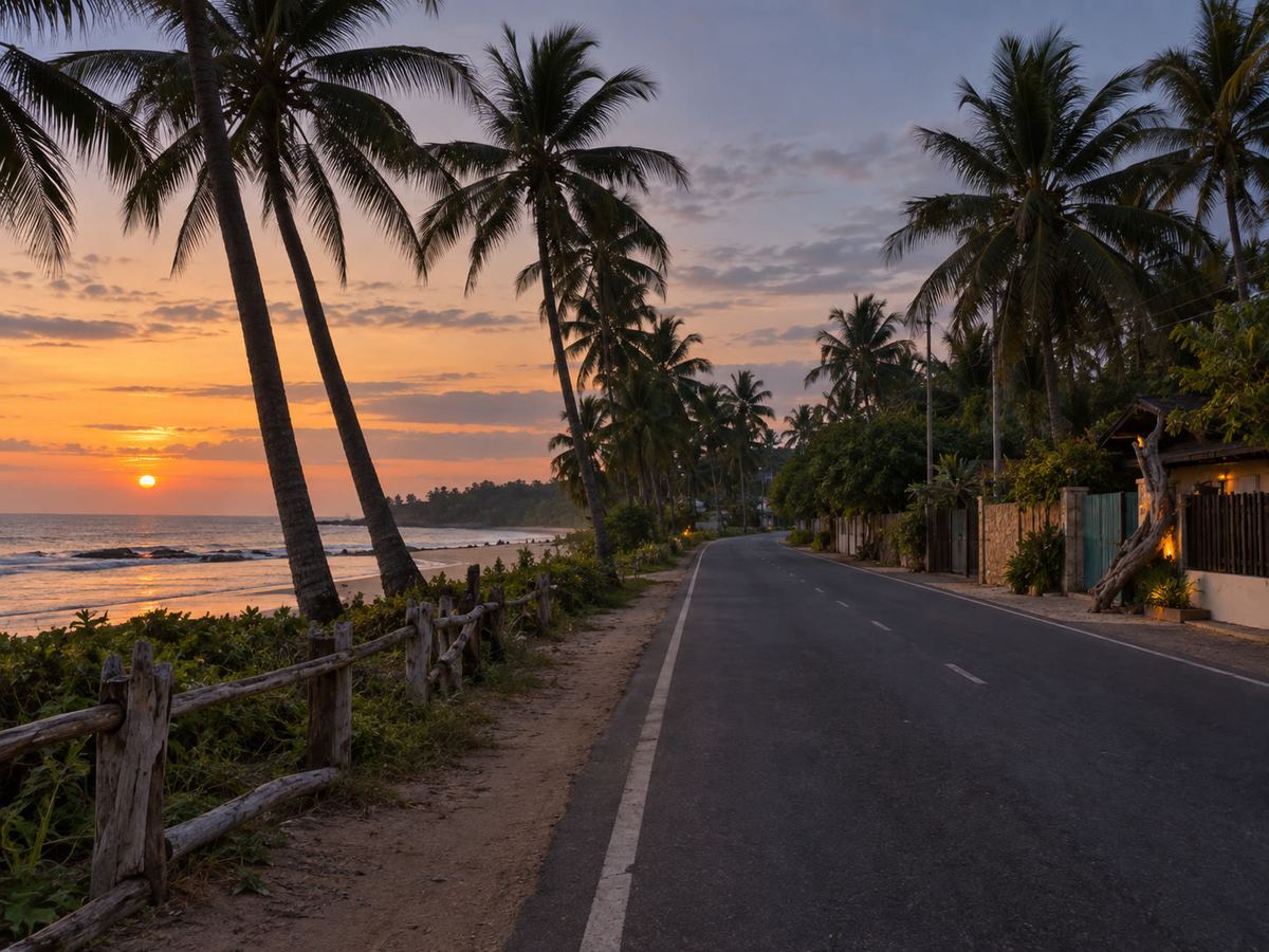 Bentota Beach Road at dusk, coconut palms, no shop signs